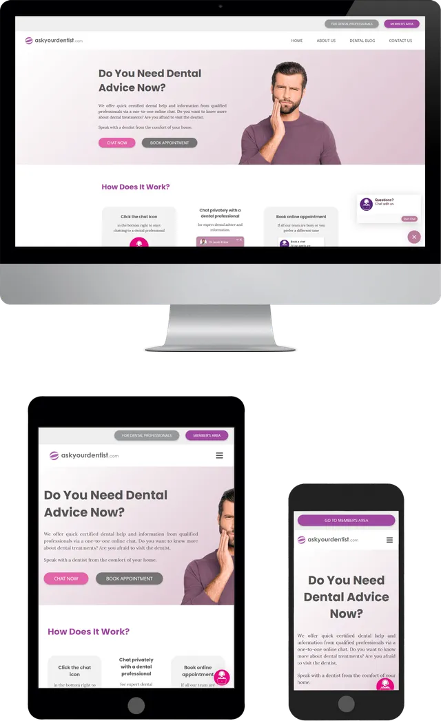 Ask Your Dentist website design shown across desktop, tablet and mobile screens