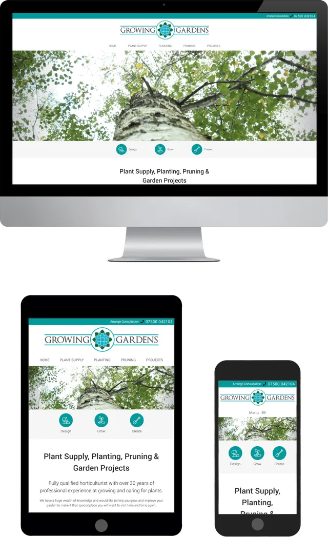 Growing Gardens horticultural business website displayed across desktop, tablet and mobile screens