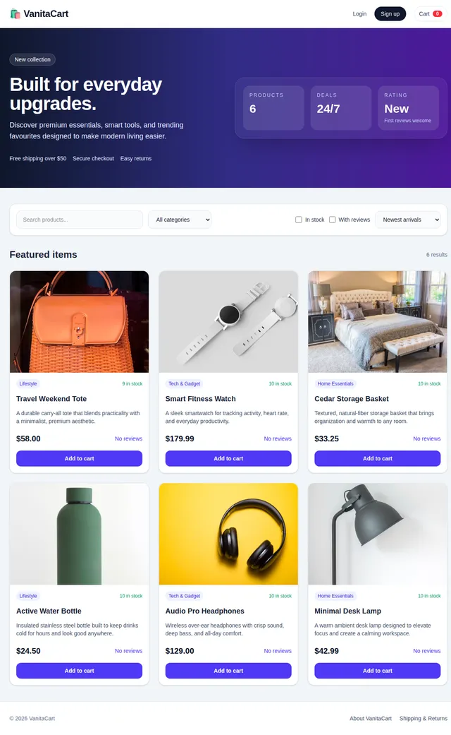 VanitaCart storefront with a purple collection banner, product filters and a grid of product cards